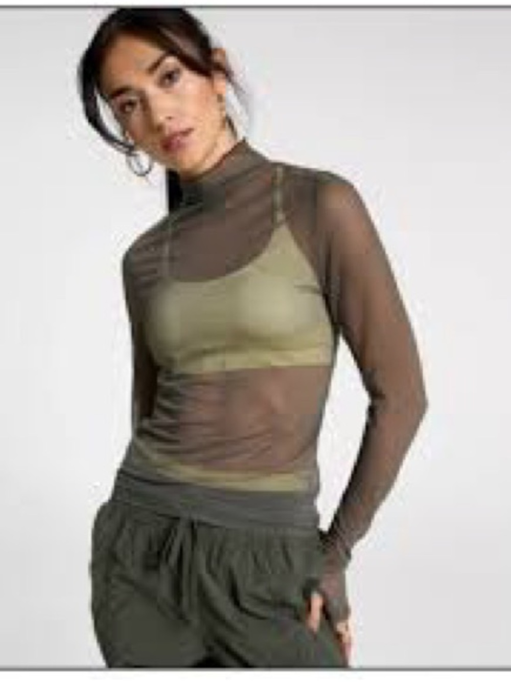 Sheer Mock Neck Long-Sleeve Top in Olive